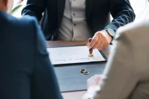 A man signing a marriage certificate with two witnesses present.