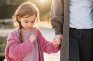 A young girl holding her mother's hand, walking together.
