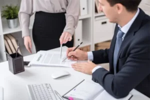 Woman having a discussion with a man sitting at table, both pointing at a contract paper.