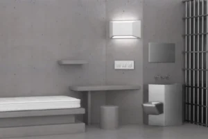 A room inside a jail with a bed, sit, and sink.