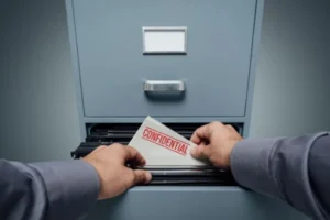 A man opening a file cabinet, revealing a document inside.