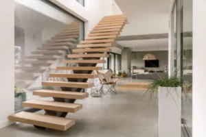 Wooden stair with a design that complements an aesthetically pleasing furniture background.