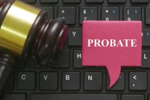 A keyboard alongside a gavel and a probate dialog box