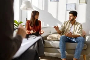 A couple engaged in conversation while seated on a couch.