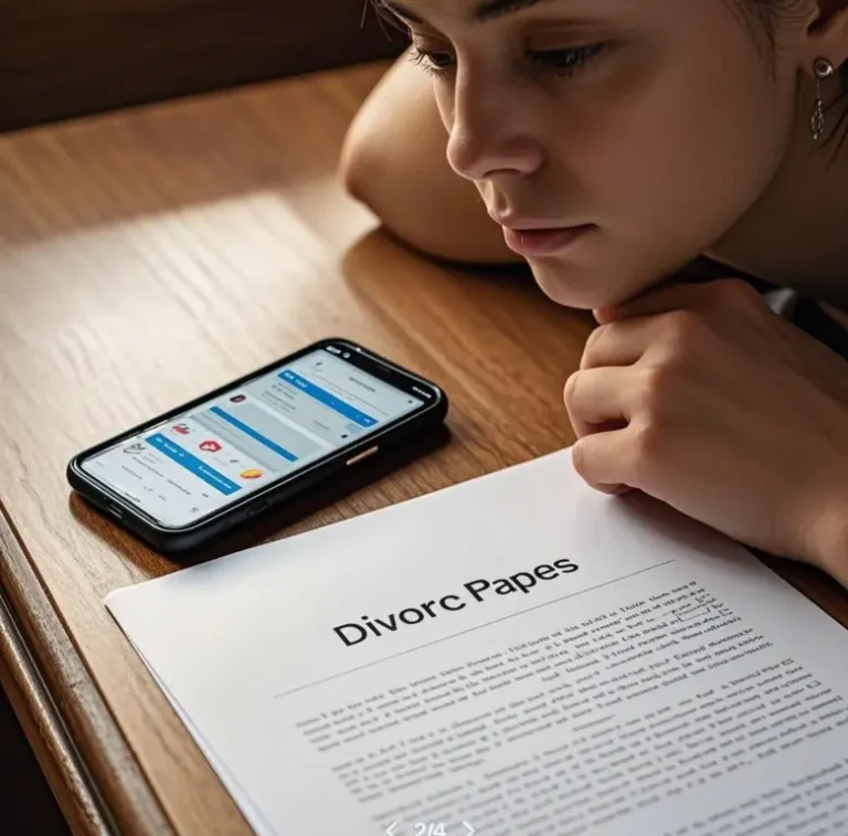 "A woman resting her head on the table, with a phone and divorce papers in front of her.